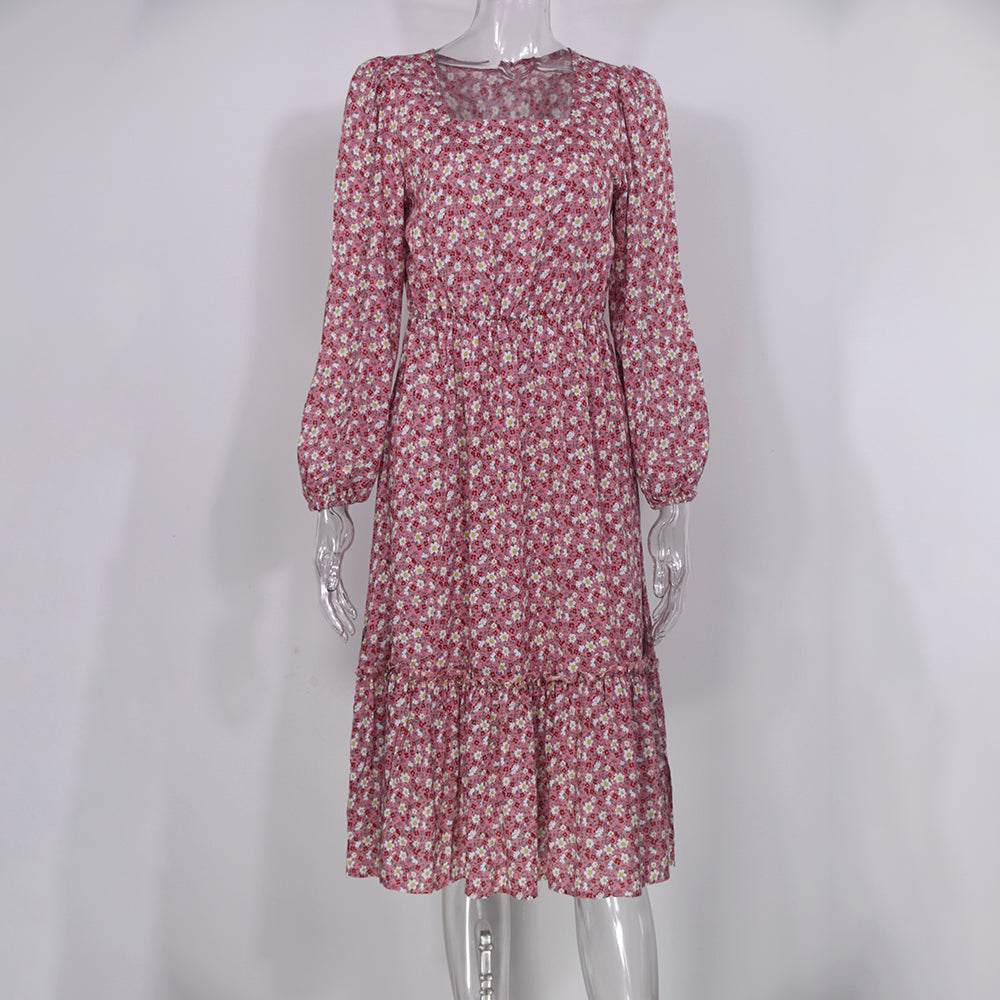 Square neck Long Sleeve Floral Dress