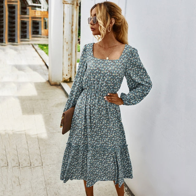 Square neck Long Sleeve Floral Dress