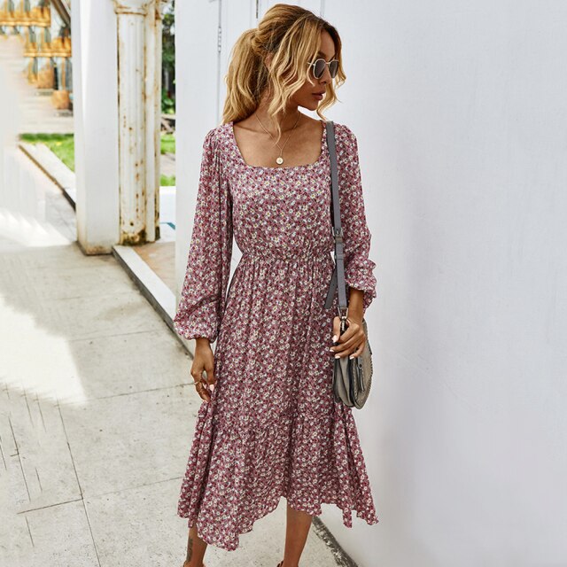 Square neck Long Sleeve Floral Dress