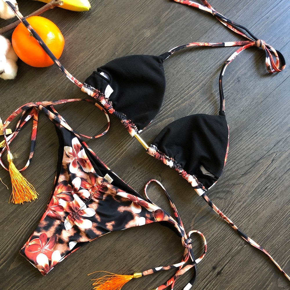 Feather print Brazilian bikini set