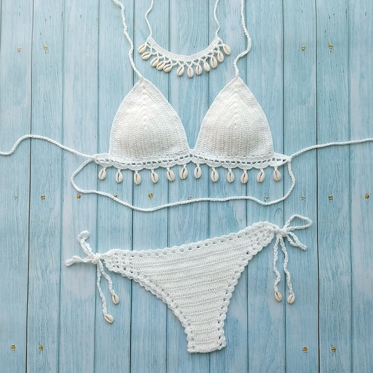 Three piece Crochet White Bikini Set