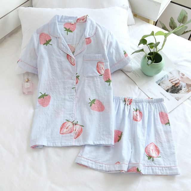 Short Pyjamas Set 100% cotton Blue strawberry