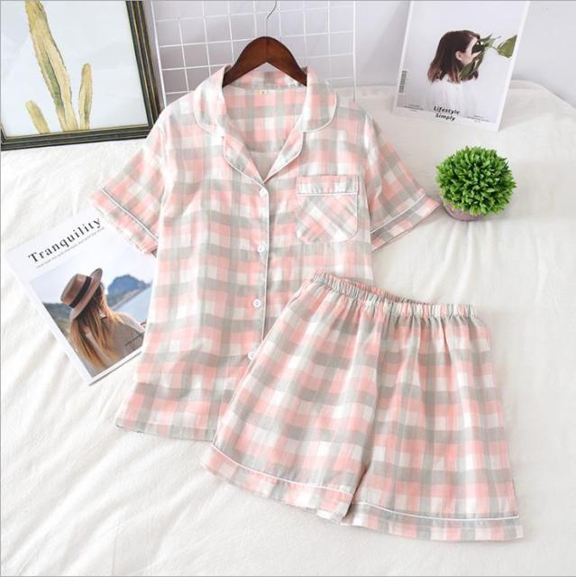 Short Pyjamas Set 100% cotton Pink gray grid