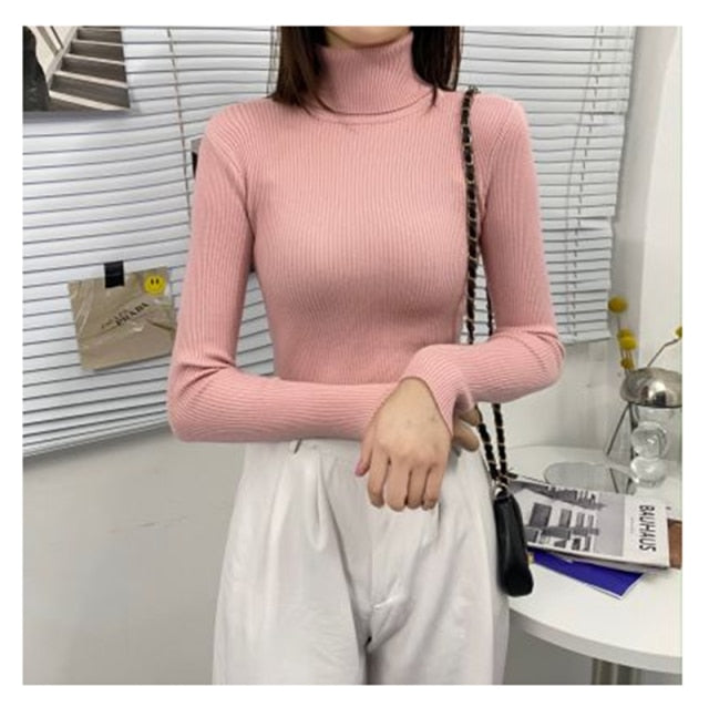 Turtleneck Pullover Ribbed Jumper One Size Pink