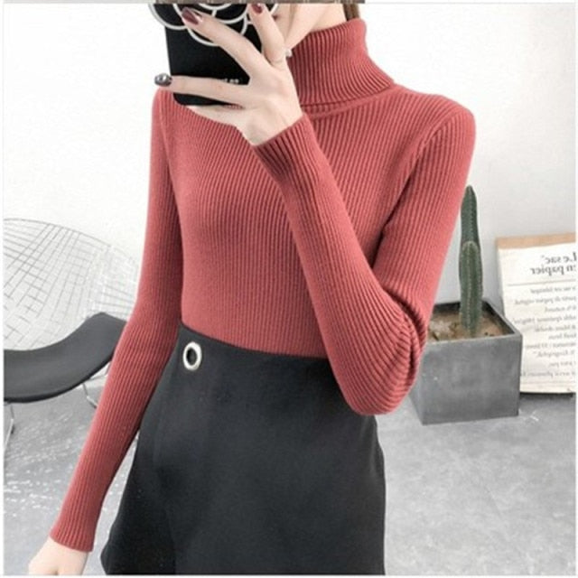 Turtleneck Pullover Ribbed Jumper One Size Brick red