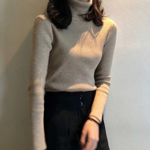 Turtleneck Pullover Ribbed Jumper One Size Khaki