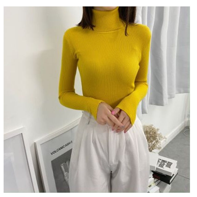 Turtleneck Pullover Ribbed Jumper One Size Yellow