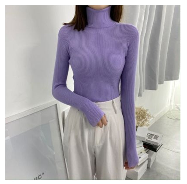 Turtleneck Pullover Ribbed Jumper One Size Violet