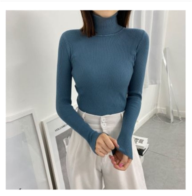 Turtleneck Pullover Ribbed Jumper One Size Blue