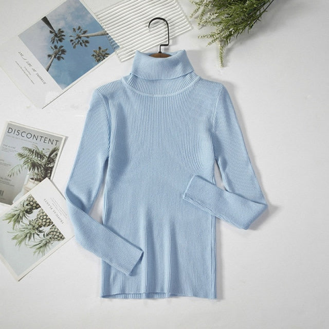 Turtleneck Pullover Ribbed Jumper One Size sky blue