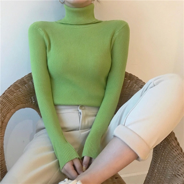 Turtleneck Pullover Ribbed Jumper One Size Light Green